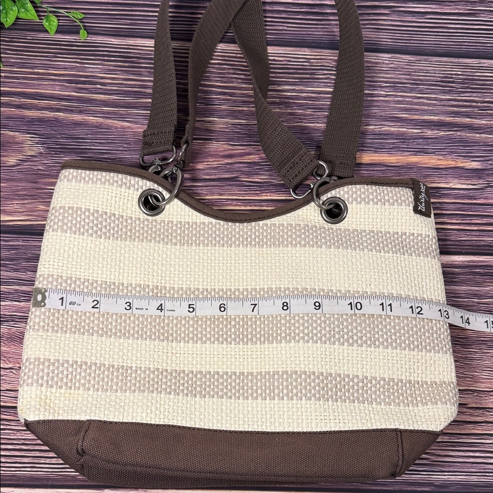 Thirty-One Canvas Crew Mini Tote in Taupe Straw Stripe Pattern Brown Canvas Trim - Picture 5 of 9